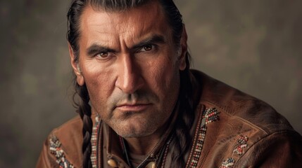 Obraz premium A Native American man gazes intensely, adorned in a beautifully detailed leather shirt showcasing intricate beadwork, illuminated softly