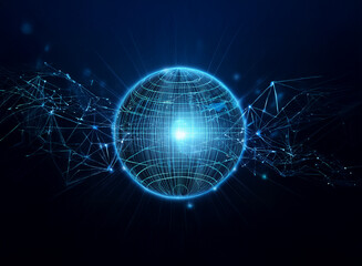 A glowing, blue orb representing the Earth is surrounded by a network of white, abstract lines against a deep blue background.
