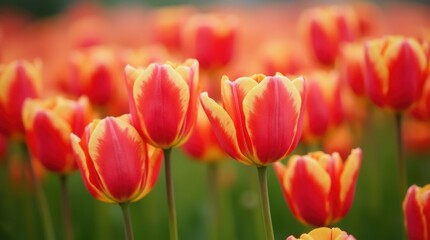 Vibrant red tulips blooming in a field, spring, flowers, nature