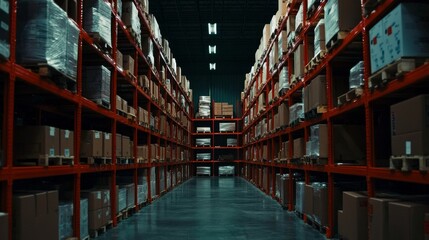 Fototapeta premium Warehouse Storage Shelves with Cardboard Boxes.