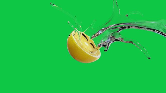 fresh lemon water splash slow motion on green screen background