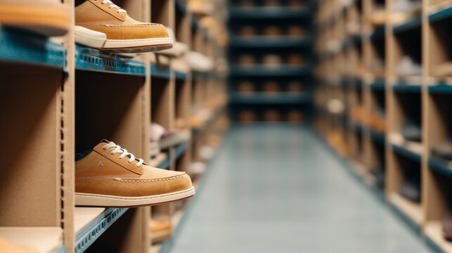 Tan Leather Shoes On Shelf In Shoe Store.