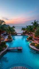 Fototapeta premium Lagoon-Style Pool with Private Coves and Bridges, large lagoon-inspired pool with winding pathways and small footbridges