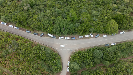 Aerial View of Cars on Forest Road Intersection