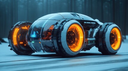 Futuristic vehicle with glowing wheels in a snowy forest setting.
