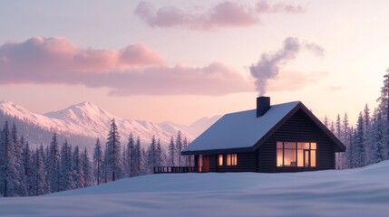 Fototapeta premium Cozy Cabin in the Snowy Mountains at Sunset.