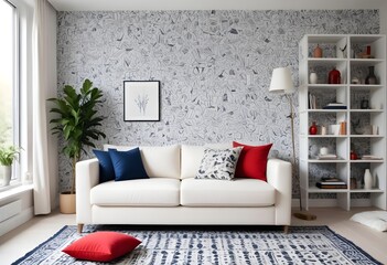 Scandinavian living room interior design zoom background,Doodle patterned wallpaper graphics