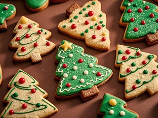 Cookies in shaped of Christmas tree on brown background. Xmas festive greeting card. Holiday traditional food. Top view.