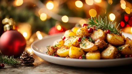 Obraz premium Roasted Potatoes with Rosemary Cranberries and Christmas Lights