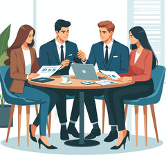 Obraz premium Partners meeting for business discussion with documents and laptop on desk. Couple at round table, speaking, discussing work, partnership. Flat vector on a white background