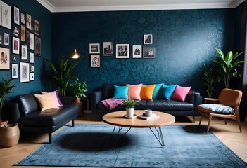 Scandinavian living room interior design zoom background,Doodle patterned wallpaper graphics