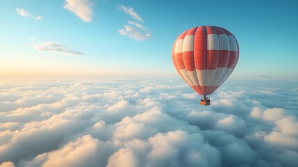 Fototapeta premium Hot Air Balloon Soaring Above the Clouds at Sunset - Aerial View of a Dreamy Landscape with a Red and White Balloon Floating in the Blue Sky.