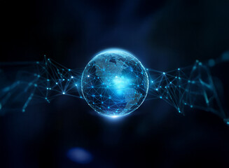 A glowing blue globe is surrounded by a web of interconnected lines, symbolizing global connectivity.