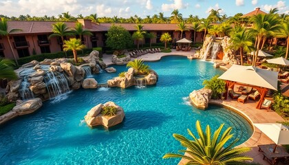 Obraz premium Resort pool with waterfalls and tropical landscaping, sprawling resort-style pool with cascading waterfalls