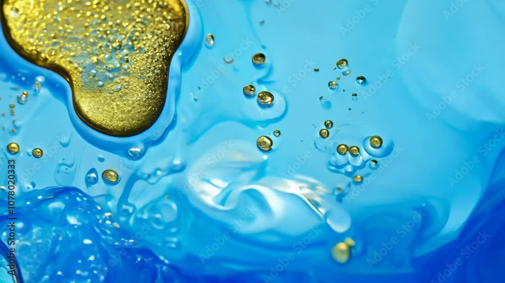 Poster Dynamic drops of yellow glitter in blue oil or ink diffusing through water, creating an abstract aquatic swirls