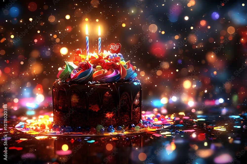 Poster a delicious chocolate cake with colorful sprinkles and lit candles on a dark background with bokeh l
