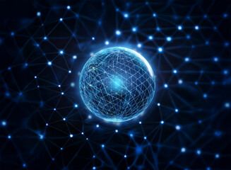 A glowing blue sphere, surrounded by a network of interconnected points of light, against a dark background.