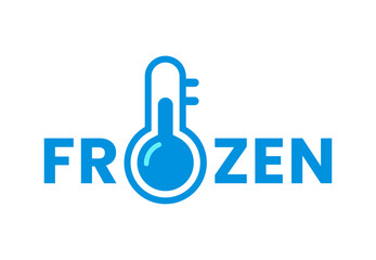 Blue frozen cold product icon with thermometer for food package, vector symbol. Frozen product label for fresh refrigerated meat, fish seafood or keep cold food package and refrigerator label