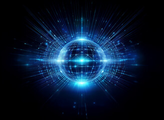 A glowing blue sphere in the center of a dark background emits light streaks outward.