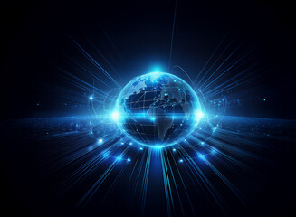 Obraz premium A glowing blue globe with a digital network of lines in a dark space with streaks of light beaming outward.