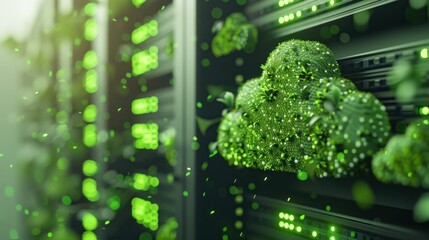 Cloud computing with green plants, technology meets nature, data servers with greenery A futuristic concept of eco friendly technology thriving in a data center environment