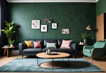 Scandinavian living room interior design zoom background,Doodle patterned wallpaper graphics