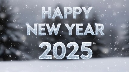 HAPPY NEW YEAR 2025 written in sparkling, icy letters against a snowy winter landscape