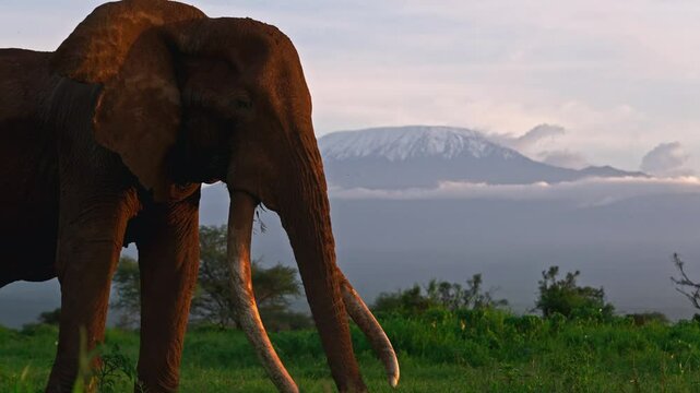 amboseli national park tusker Craig footage taken during sunset with mt kilimanjaro as backdrop. 
