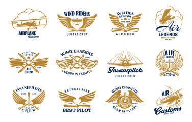 Airplane and aircraft icons. Retro custom plane, wind riders, legend pilots and aviation vector badges. Vintage biplane aircraft, propellers and wings, clouds and planes isolated symbols of air travel © Vector Tradition