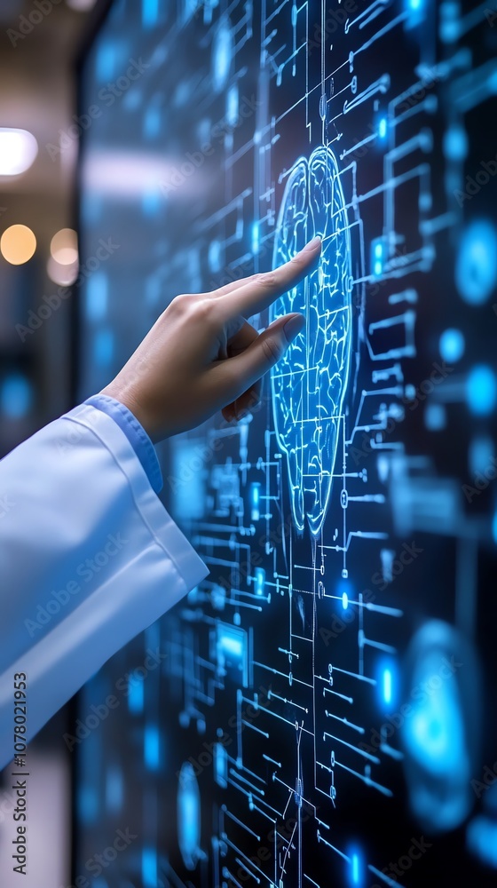 Aufkleber a doctor in a white lab coat points at a digital brain diagram on a large screen.
