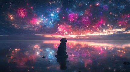 A dog sits on a beach, looking up at a night sky filled with stars and fireworks. The dog is silhouetted against the colorful sky, and its reflection is visible in the water.