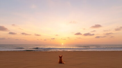 A dog gazes at a stunning sunset over the ocean, with soft clouds scattered in the sky and wet sand reflecting the warm colors.