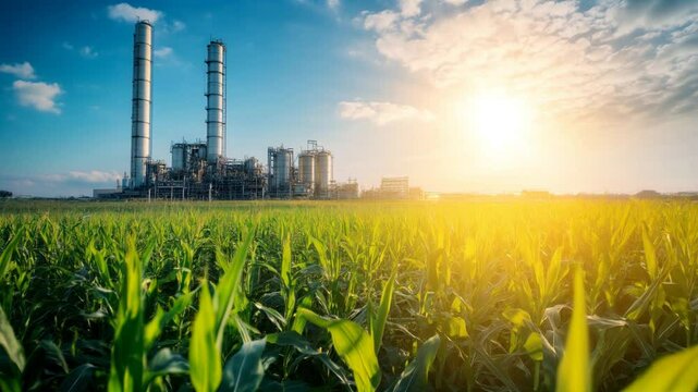 Vibrant corn field adjacent to a modern ethanol production facility in agricultural landscape