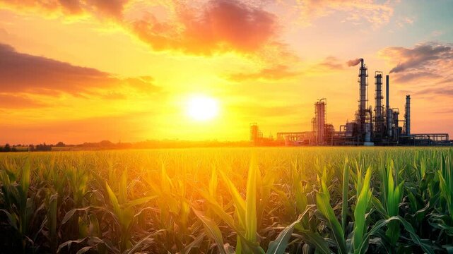 Expansive corn field adjacent to an ethanol production facility in a rural landscape