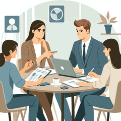 Partners meeting for business discussion with documents and laptop on desk. Couple at round table, speaking, discussing work, partnership. Flat vector on a white background