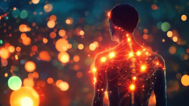 Illustration of fibromyalgia glowing points representing widespread chronic pain symptoms

