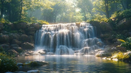 Serene waterfall cascading into a tranquil pool surrounded by greenery.