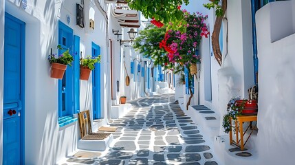 Fototapeta premium A beautiful narrow cobblestone street in Mykonos, Greece, lined with white-washed traditional houses and blue accents, bathed in bright sunlight and the charm of island life.