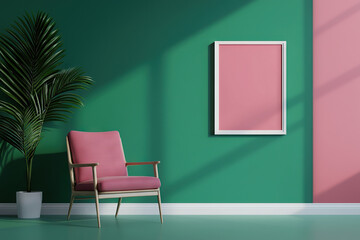 modern living room featuring pink chair, green walls, and blank frame. vibrant colors create fresh and inviting atmosphere, perfect for relaxation