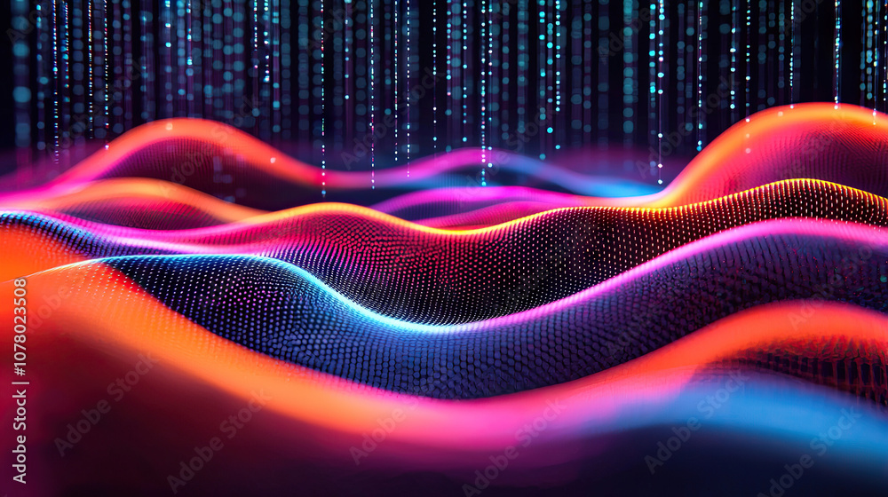 Aufkleber colorful digital waves with glowing patterns and cascading lights create mesmerizing visual effect, 