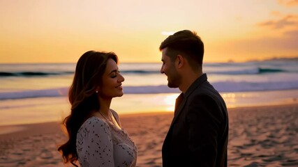Romantic sunset stroll on the beach in summer