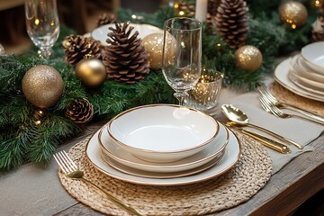 Festive Christmas table setting with holiday decorations and ample room for copy at the top