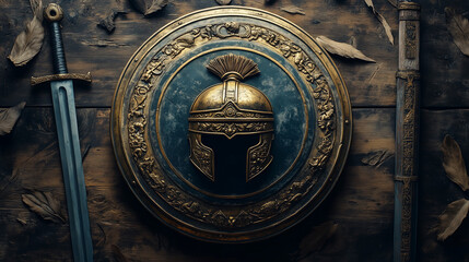 Ancient warrior shield with a winged helmet emblem surrounded by laurel leaves, illuminated by warm light on a wooden surface.