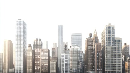 A city skyline with a cluster of tall buildings against a bright white sky.