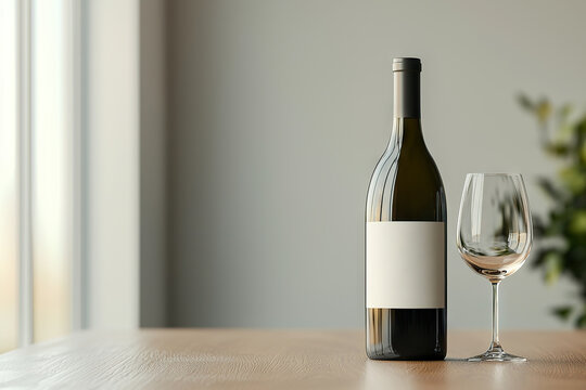 realistic mockup of wine bottle and glass on wooden table, showcasing elegance and simplicity in bright, modern setting. Perfect for wine related themes