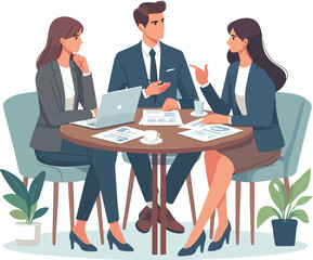 Partners meeting for business discussion with documents and laptop on desk. Couple at round table, speaking, discussing work, partnership. Flat vector on a white background