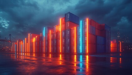 Fototapeta premium Neon Cityscape: Shipping Containers Under Night Sky