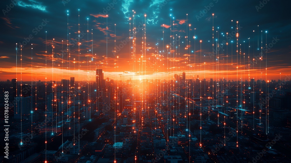 Poster a futuristic cityscape at sunset with a digital network of glowing lines connecting buildings.