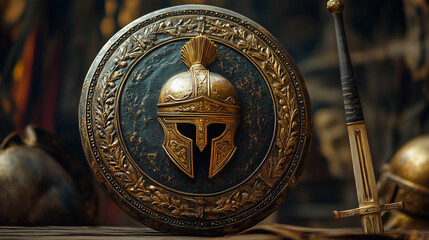 Ancient warrior shield with a winged helmet emblem surrounded by laurel leaves, illuminated by warm light on a wooden surface.