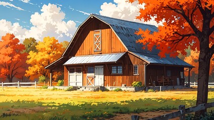 Old barn or farm house with animated anime landscape panorama autumn scene 